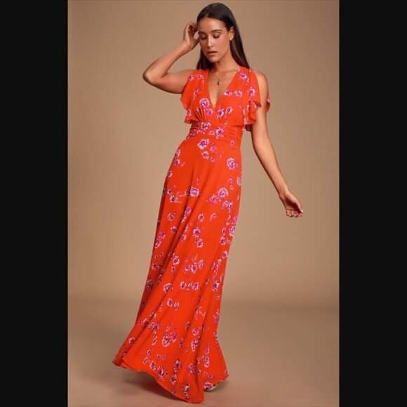 Lulu's Dearly Loved Red Floral Print Flutter Sleeve Maxi Dress - Picture 1 of 13